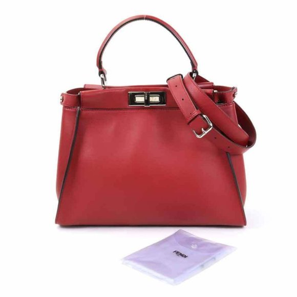 Authentic FENDI Peekaboo Handbag Shoulder Bag Dark Red Leather/Silvertone - Picture 1 of 16